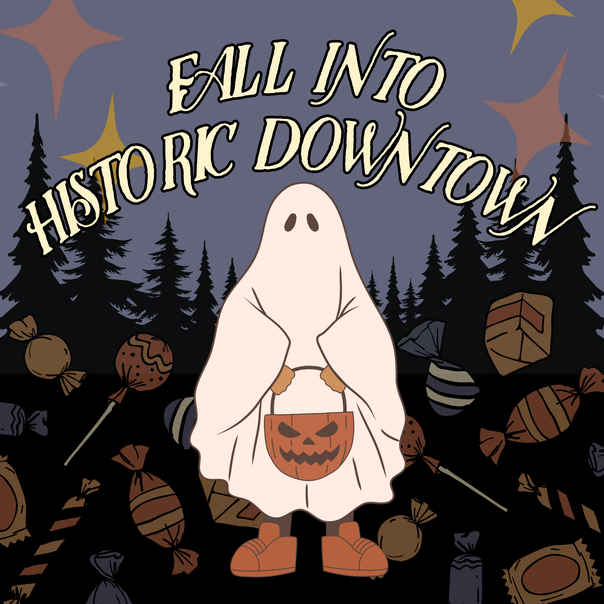 black blue vintage comic happy halloween flyer (Envelopes (A9)) Halloween on Historic 3rd Street in McMinnville, Oregon